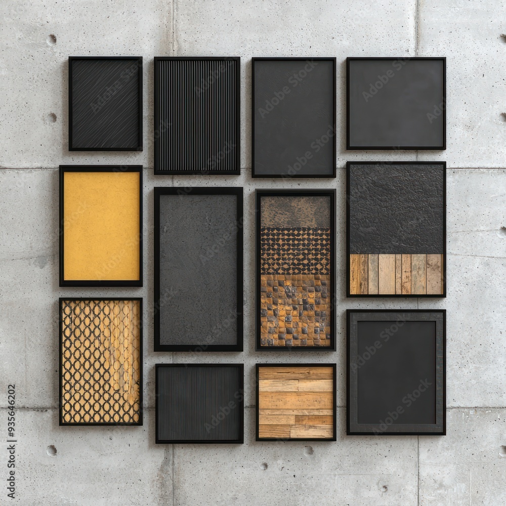 Poster intriguing abstract patterned frames on concrete office wall - detailed 3d render, generative ai