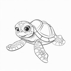 Fototapeta premium Adorable cartoon sea turtle with large eyes and detailed shell. Black and white line art illustration. Cute marine animal character design for coloring book. Generative AI
