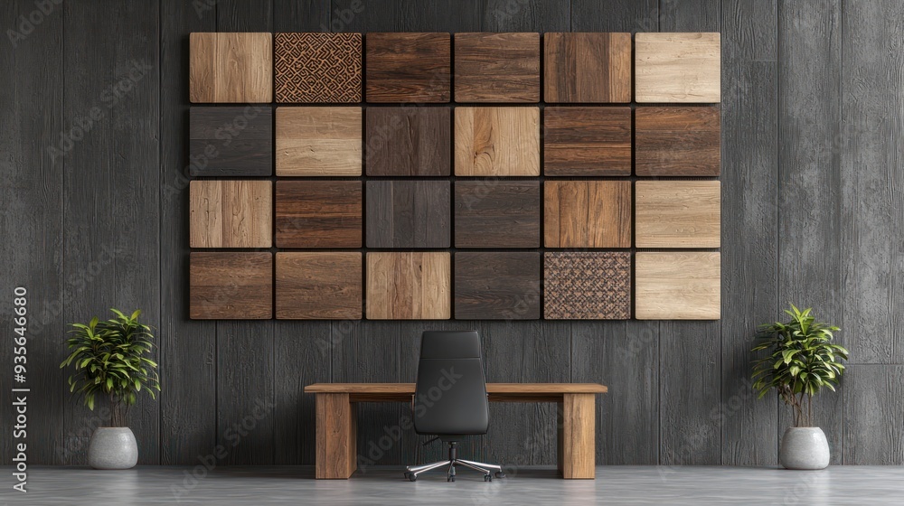 Poster sophisticated workspace decor with intricate patterned frames on wooden wall, realistic 3d rendering