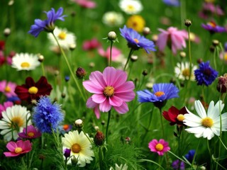 Fototapeta premium Vibrant colored flowers bloom in a lush green field, dominated by pink, purple, and white hues, with scattered yellow, blue, and delicate petals swaying gently.
