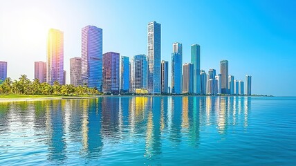 Fototapeta premium A stunning skyline view reflecting on tranquil waters, showcasing modern architecture against a vibrant blue sky.
