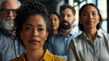 A group of diverse individuals stands proudly in a contemporary office, their expressions reflecting confidence and collaboration as sunlight streams through large windows