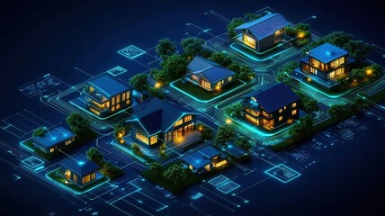 An aerial view of a modern neighborhood featuring illuminated houses and vibrant greenery, showcasing urban planning and architecture.