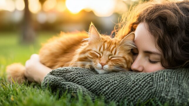 A woman laying on the grass with a cat sleeping in her arms, AI