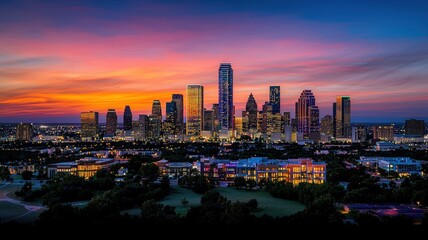 Obraz premium Stunning sunset over a vibrant city skyline, showcasing modern architecture and colorful sky reflecting urban beauty.