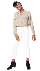 Woman png mockup in beige shirt casual wear full body