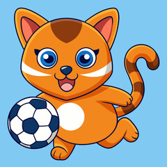 Fototapeta premium Cartoon illustration of a cute cat happily running with a soccer ball