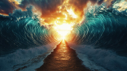 stone path leading to the Red Sea, giant waves parting in two directions with an opening between them through which light is shining, Moses biblical concept 