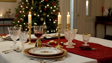 Fototapeta premium A beautifully decorated Christmas-themed dinner table set in a cozy dining room
