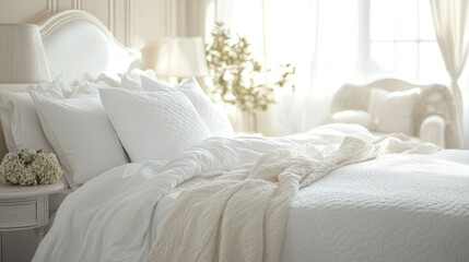 A white bedspread in a bright room, creating a cozy and welcoming atmosphere