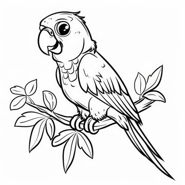 recommend clip art: Cartoon parrot perched on a leafy branch. Black and white line art illustration. Exotic bird and nature theme for coloring book design. Generative AI