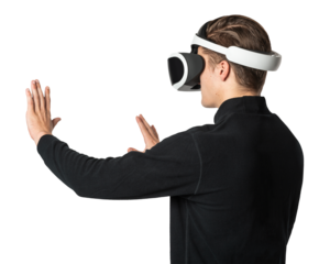 Man in VR headset png touching invisible screen
