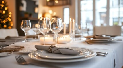 A white dining table set for a special occasion, with elegant dinnerware and candles