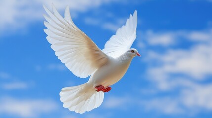 Fototapeta premium A white dove flying against a blue sky, symbolizing peace and freedom -