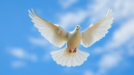 Fototapeta premium A white dove flying against a blue sky, symbolizing peace and freedom -