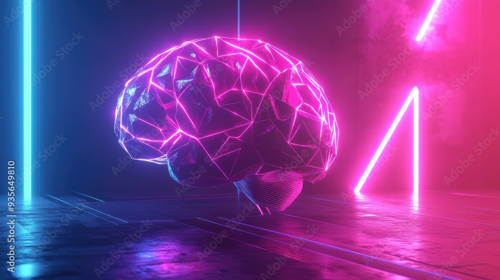 Fototapete a stylized ai brain composed of geometric shapes and neon lines, with space beside it for text.