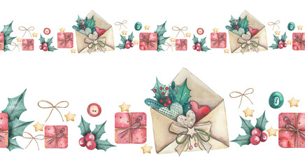 Christmas seamless watercolor borders for design. Envelope, gifts, berries, hearts. Hand drawn watercolor illustration