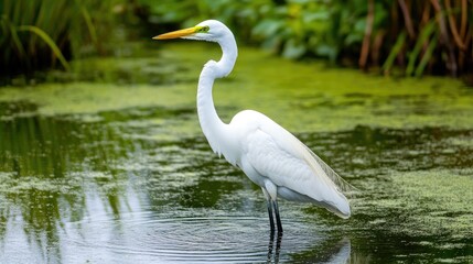 Naklejka premium A white heron standing gracefully in a shallow pond, symbolizing patience and beauty