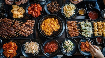 A table filled with Korean street food like skewers and pancakes, leaving space for text in the center.