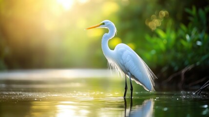 Obraz premium A white heron standing gracefully in a shallow pond, symbolizing patience and beauty