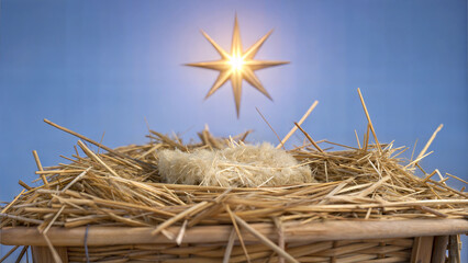 Close-up of a simple manger filled with straw, with a bright star shining above it, symbolizing the Nativity, in a quiet, night-time outdoor setting