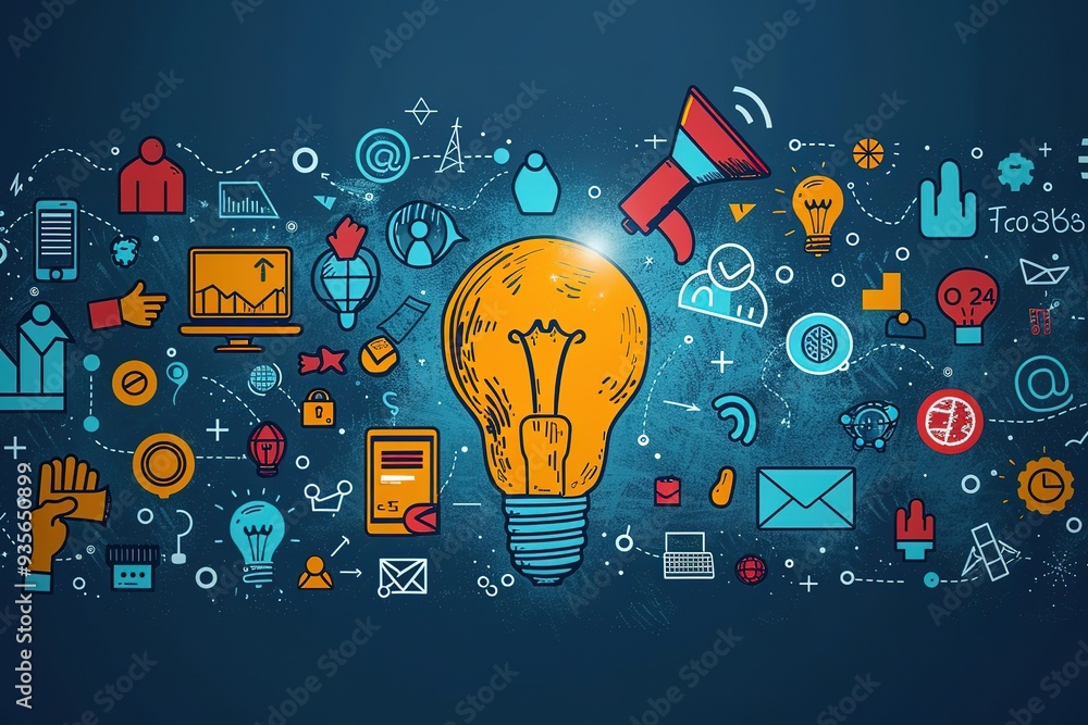 Poster a colorful image of a light bulb surrounded by various icons and symbols