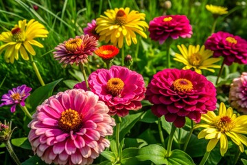 Vibrant pink and yellow daisies and zinnias bloom amidst lush green grass, creating a colorful and whimsical garden scene with natural texture and soft focus.