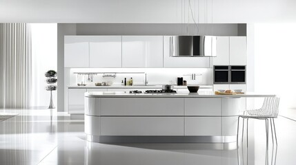 A white modern kitchen with sleek cabinets and countertops, showcasing clean and minimalist desig
