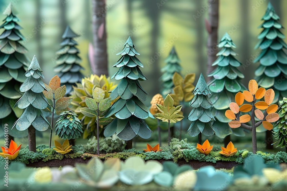 Poster a forest scene with trees of different sizes and colors
