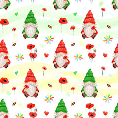 Seamless watercolor pattern with cute gnomes and poppies on a white background.