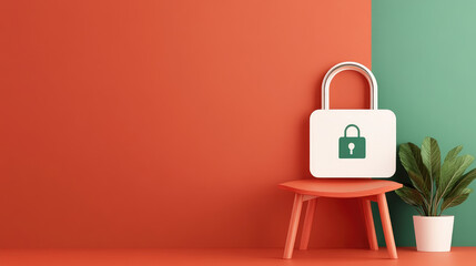 Vibrant Interior with Symbolic Lock, minimalistic design featuring an orange and green wall, a stylized padlock on a wooden stool, complemented by a potted plant.