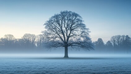 photo of a large oak snow covered tree in the open winter field 