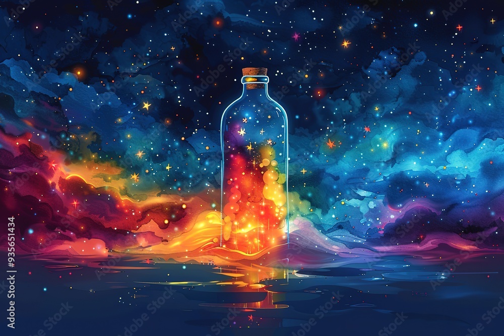 Poster a bottle is floating in the water with a colorful sky in the background