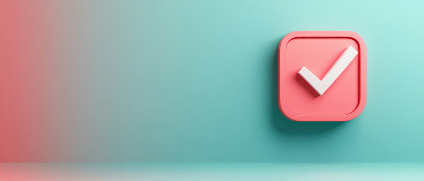 Colorful confirmation icon, a vibrant pink checkmark symbol set against a soft mint green background, suggesting approval, completion, or affirmation in design.