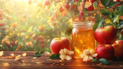 Banner with Jar of honey among apples stands on a wooden table, behind is an apple orchard. Copy space for text. Concept Israel food, symbol of the holiday, Rosh Hashanah