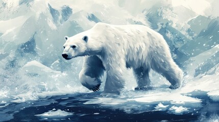 A white polar bear walking across the snowy Arctic, symbolizing strength and survival