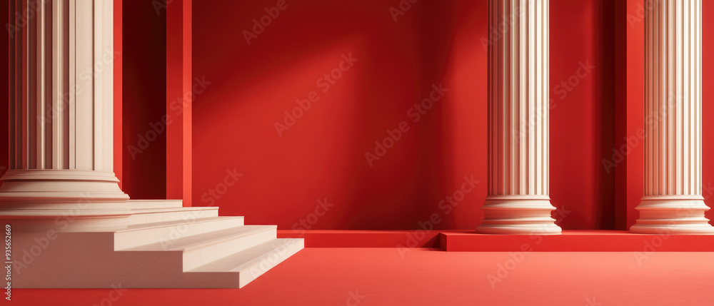 Poster vibrant red columns, a striking interior featuring classical columns and steps against a bold red ba