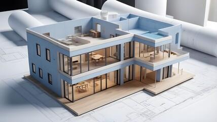 3D building model on detailed blueprints