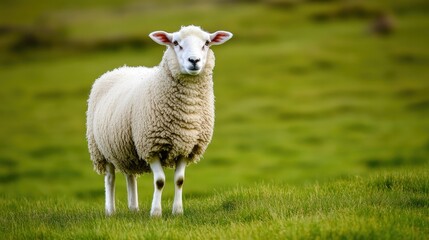 Obraz premium A white sheep standing in a green field, symbolizing simplicity and peace