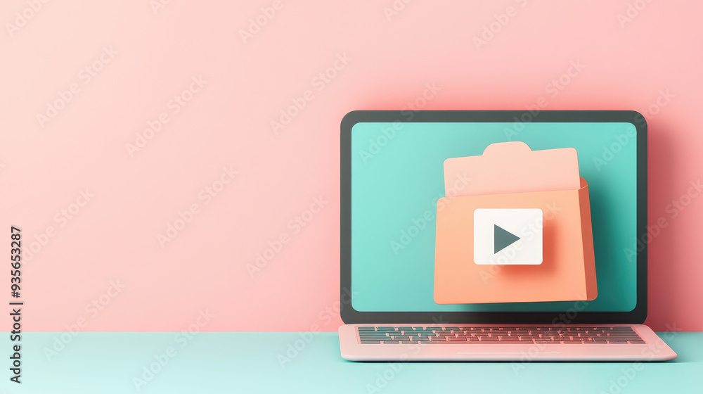 Poster creative workspace scene featuring a laptop with a vibrant interface showcasing a folder and play bu