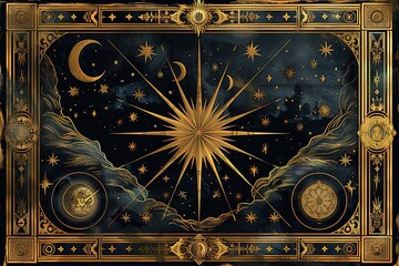 A gold and black framed painting of a star with a moon