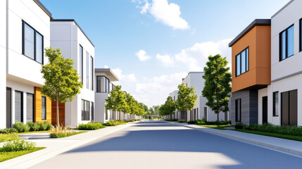 Fototapeta premium Modern residential street lined with contemporary houses and lush greenery under a bright blue sky, creating a serene architectural environment for walking and relaxation.