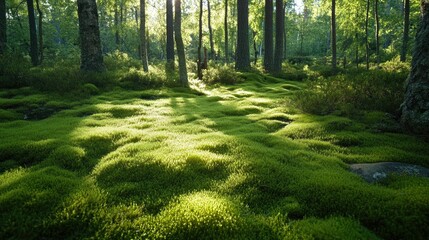 Obraz premium Close-up of green moss covering the ground, creating a soft, natural carpet in the forest