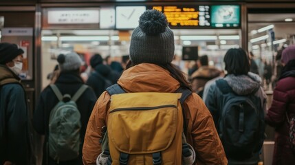 A group of individuals stands in line at a train station, preparing to buy tickets as the busy atmosphere surrounds them