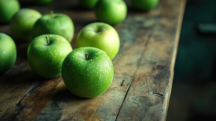 Green apples on a rustic wooden table, fresh and crisp, ready to be enjoyed