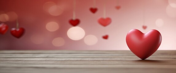 Red Heart on Wooden Surface with Blurred Hearts and Bokeh Lights