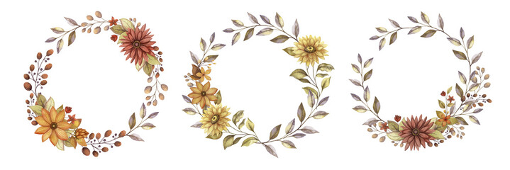 Fall round wreath set with watercolor flower. Hand drawn floral frame with blooming in rustic style with red and orange color. Perfect for autumn botanical invitation and greeting card designs.