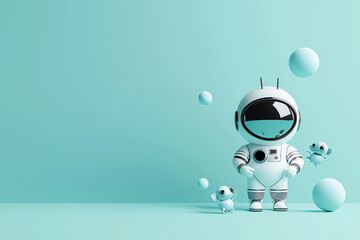 A cute astronaut character stands in a mint green background with playful bubbles and friendly aliens, perfect for imaginative themes.