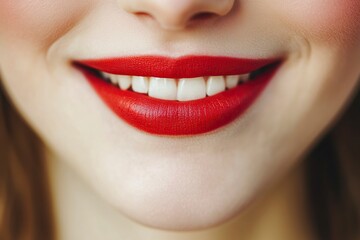 Fototapeta premium Human smiling mouth and nose. Closeup macro portrait of female part of face. Woman red lips with day beauty makeup. generative ai
