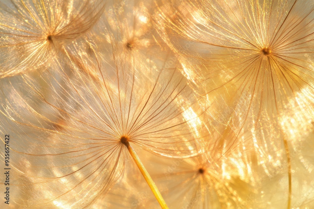 Poster close-up of dandelion seeds, their delicate seed heads glowing in the sunlight, creating an ethereal